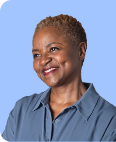 Portrait of customer on light blue background